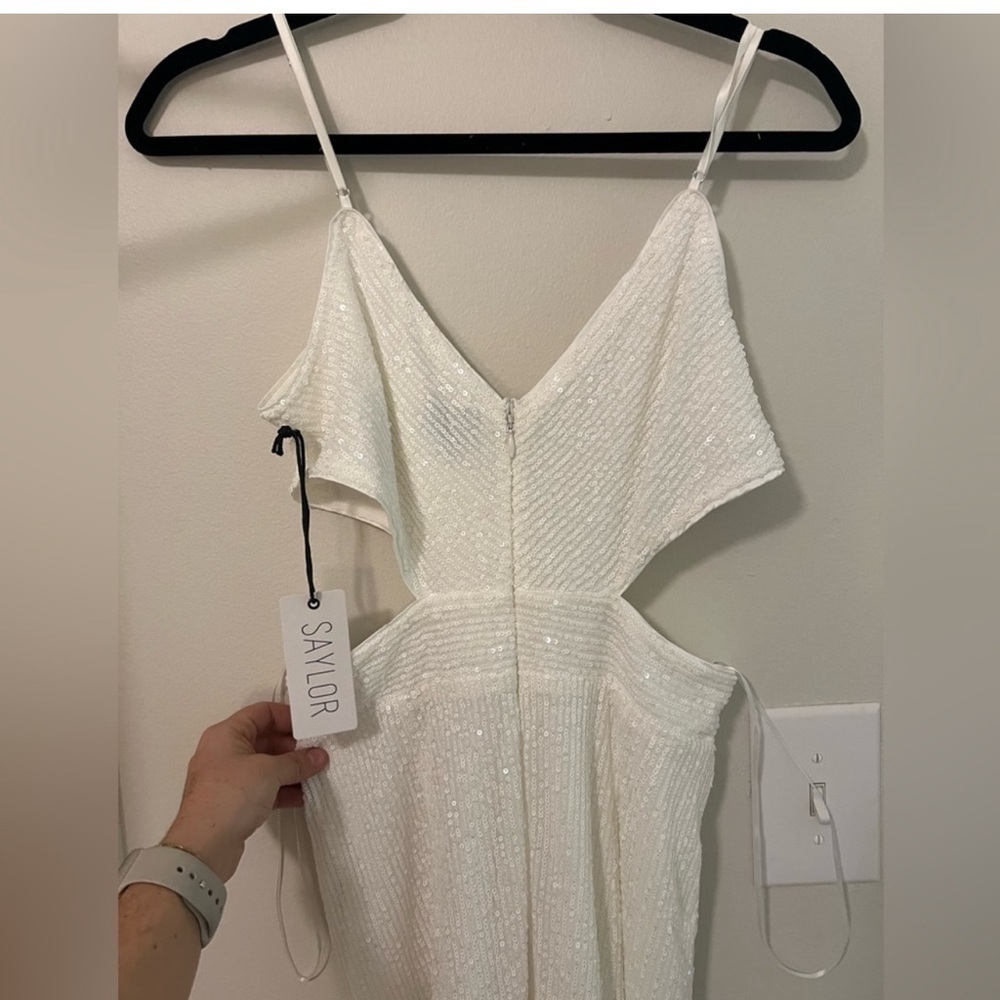NWT Saylor $308 Harmonie White Sequin Cutout Cross High Slit Dress - Medium - Picture 7 of 7
